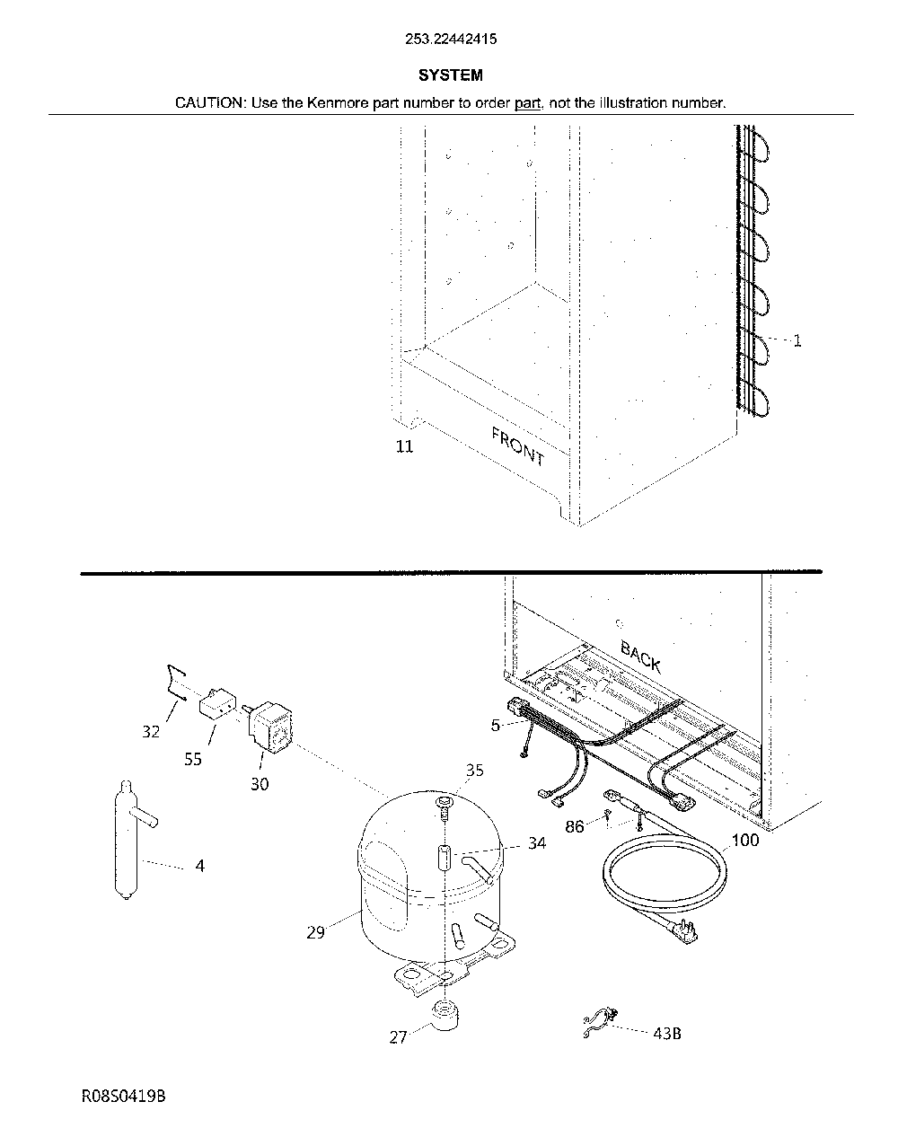 System Diagram and Parts List for 25322442415  Kenmore Freezer