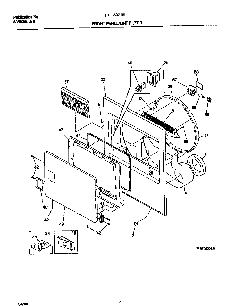 FRONT PANEL / LINT FILTER Diagram and Parts List for FDG8971EW1  Frigidaire Dryer