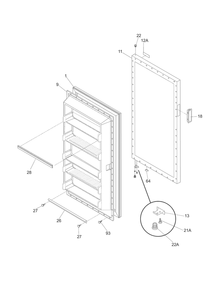 Door Diagram and Parts List for FFU13M3HW3  Frigidaire Freezer
