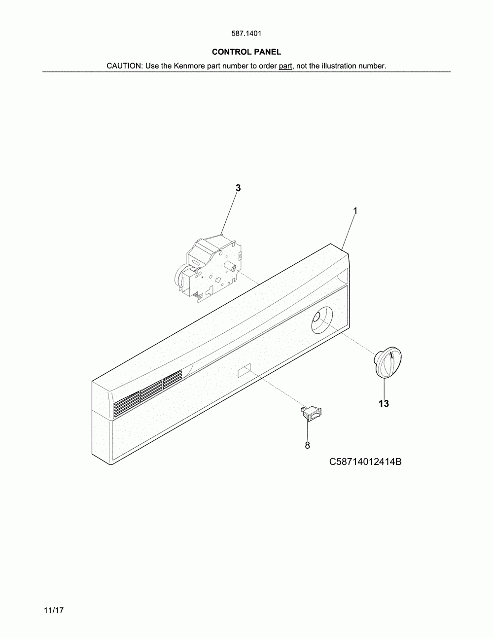Control panel Diagram and Parts List for 58714012416B  Kenmore Dishwasher