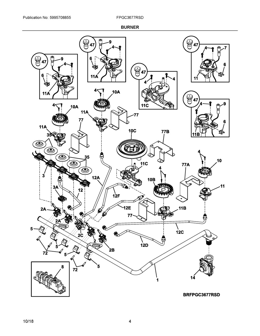 Burner Diagram and Parts List for FPGC3677RSD  Frigidaire Cooktop