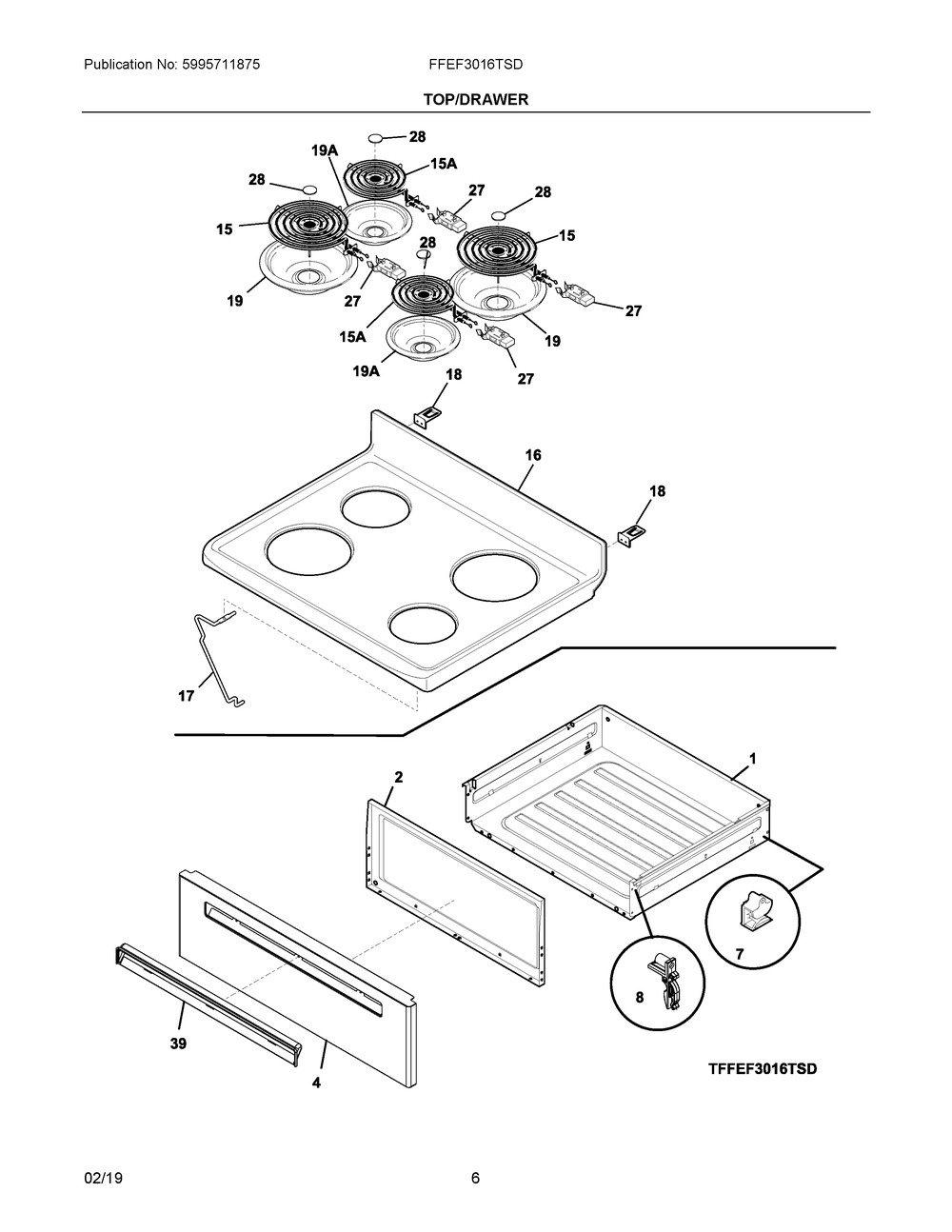 Top/drawer Diagram and Parts List for FFEF3016TSD  Frigidaire Range