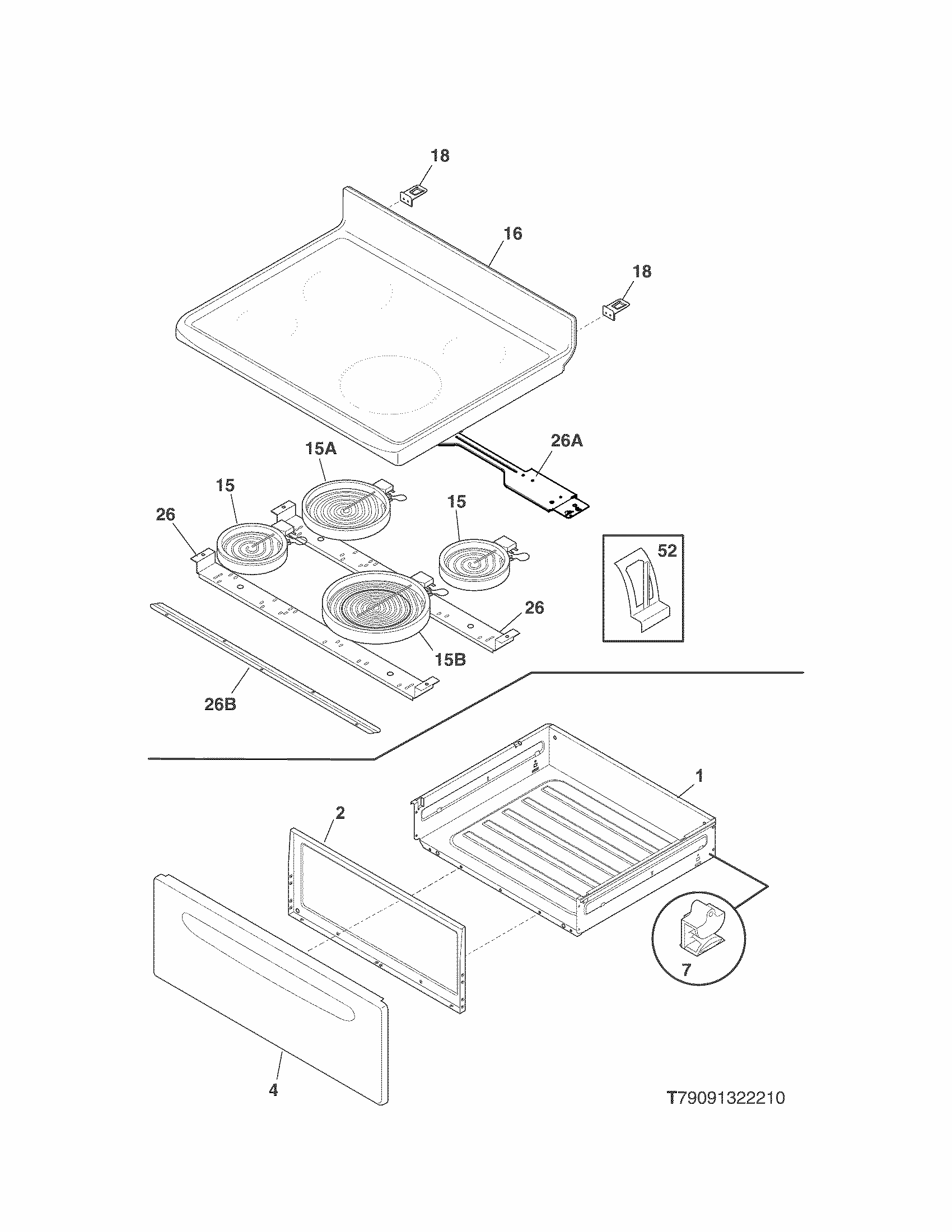 Top/drawer Diagram and Parts List for 79093019310  Kenmore Range