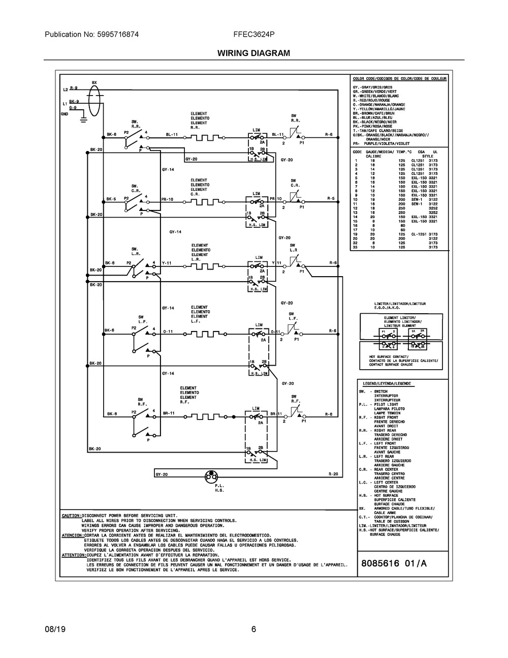 Wiring Diagram Diagram and Parts List for FFEC3624PSB  Frigidaire Cooktop
