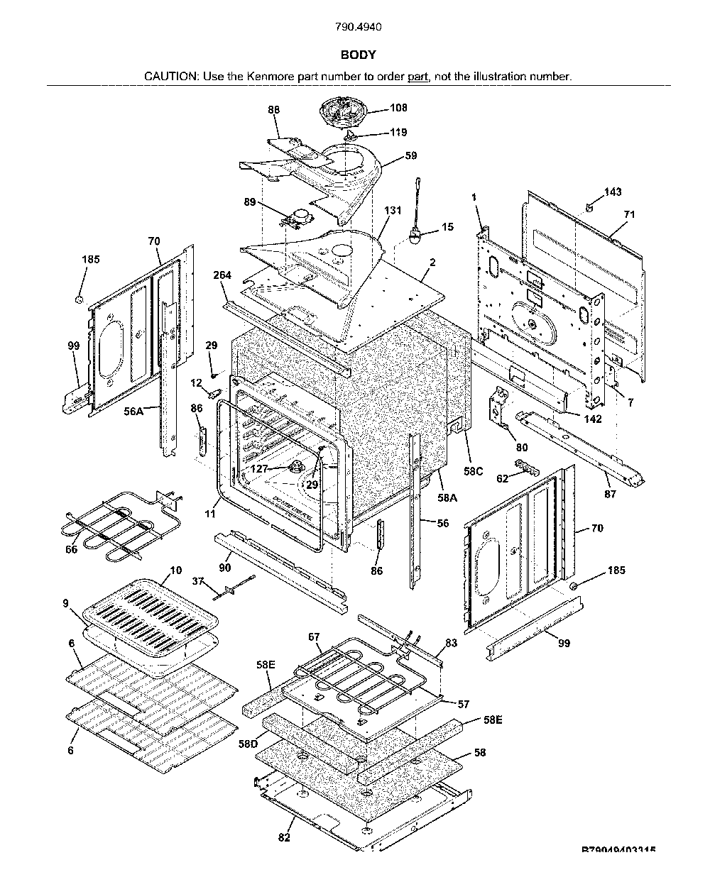 Body Diagram and Parts List for 79049403316  Kenmore Wall Oven