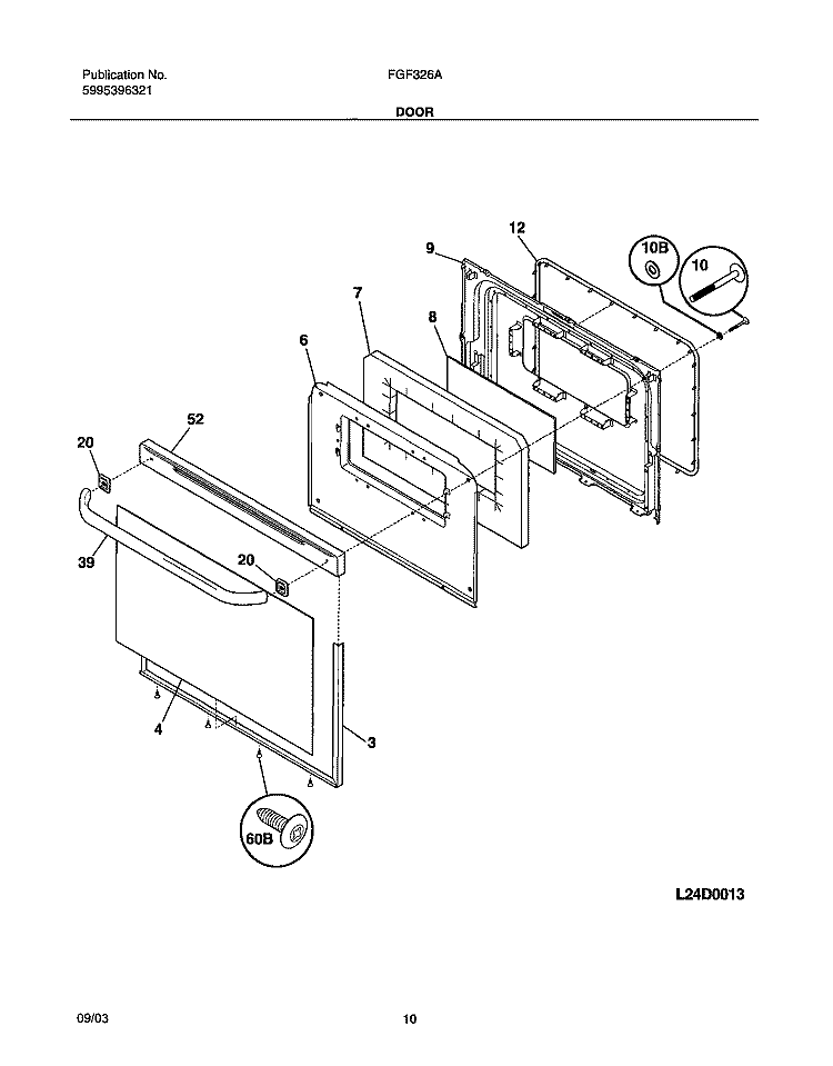 DOOR Diagram and Parts List for FGF326AWE  Frigidaire Range