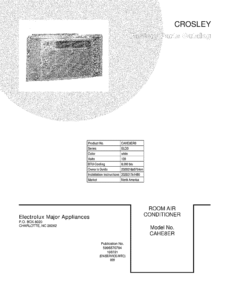 COVER Diagram and Parts List for CAHE8ER0  Crosley Air Conditioner