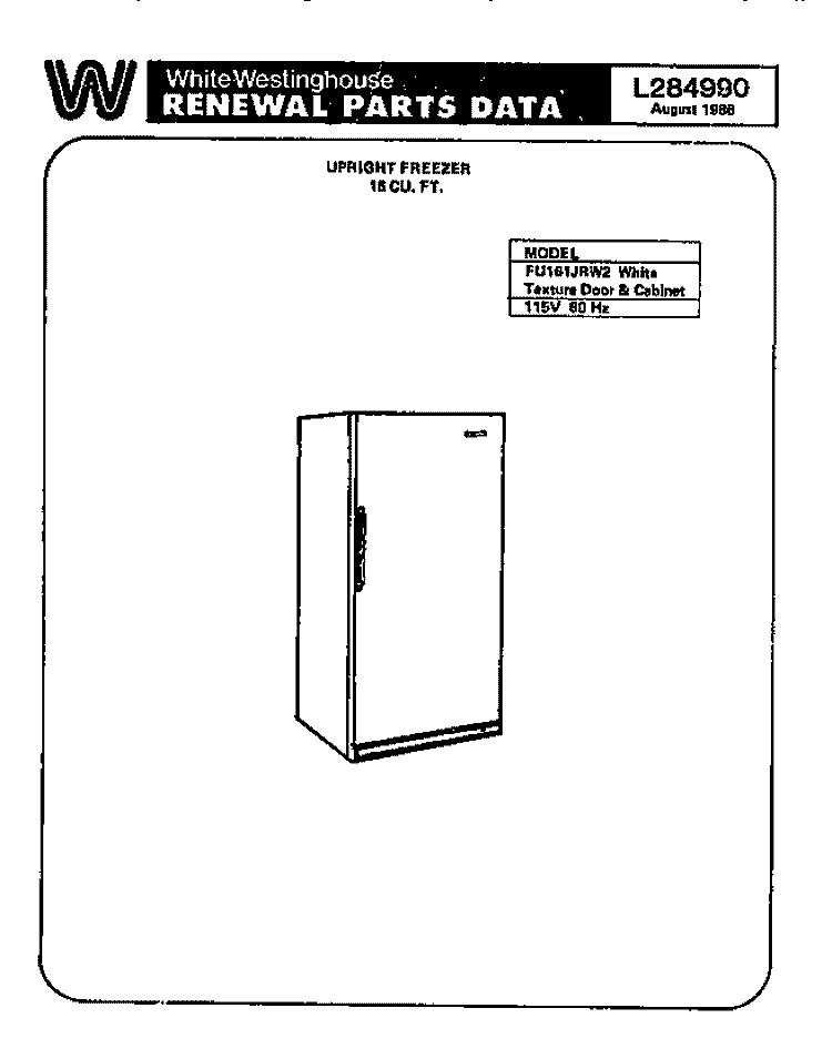 COVER Diagram and Parts List for FU161JRW2  Frigidaire Freezer