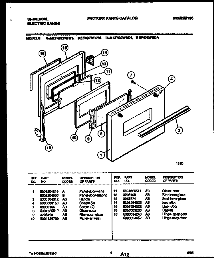 DOOR PARTS Diagram and Parts List for MEF402WBW1  Frigidaire Range