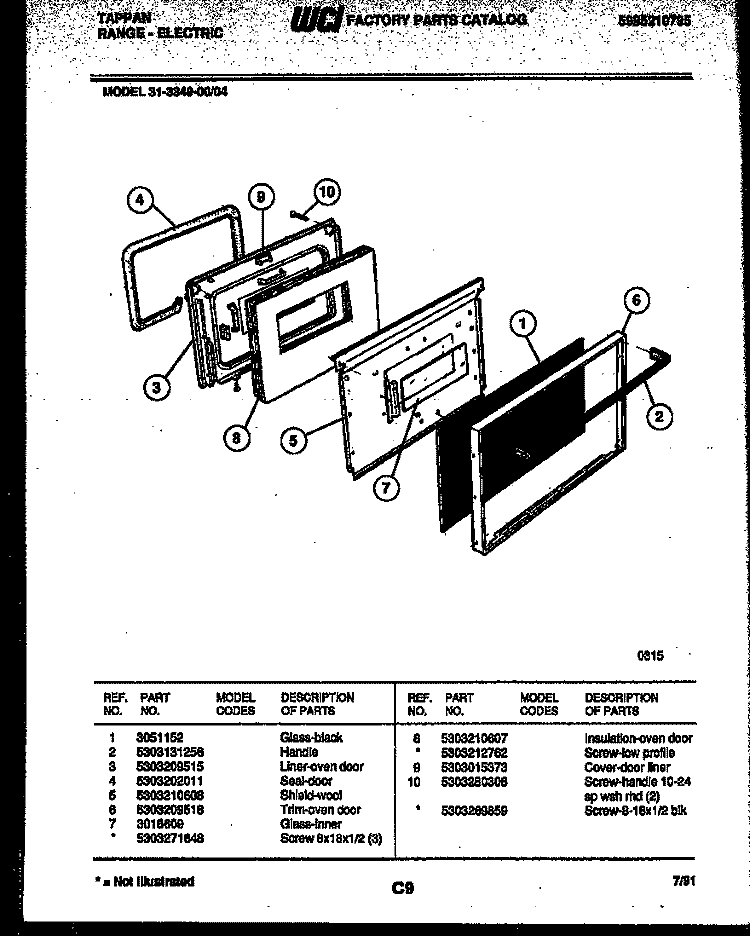 DOOR PARTS Diagram and Parts List for 31-3349-23-04  Tappan Range