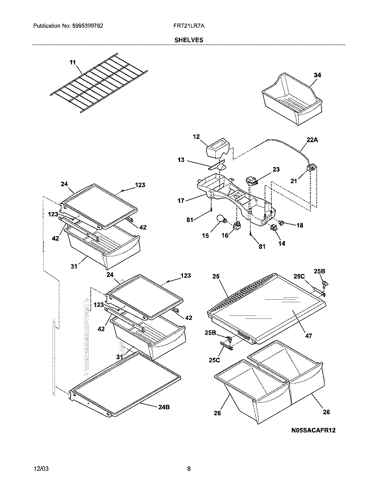 SHELVES Diagram and Parts List for FRT21LR7AQ8  Frigidaire Refrigerator