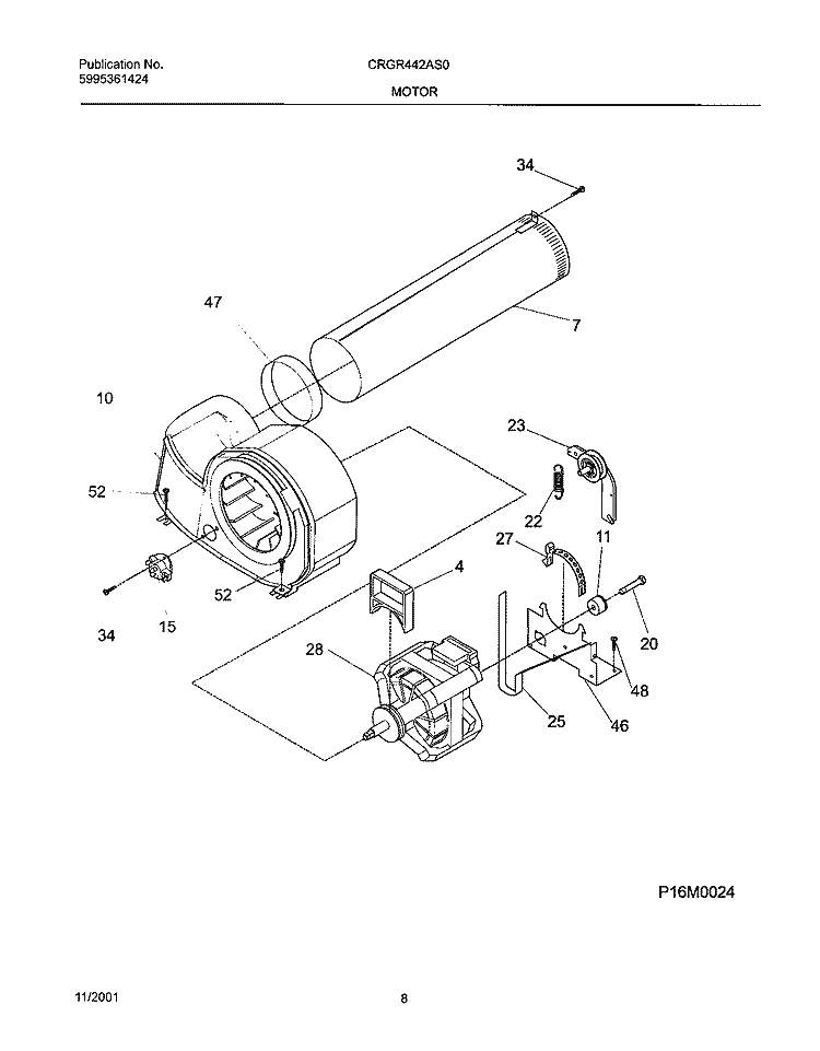 MOTOR, BLOWER Diagram and Parts List for CRGR442AS0  Frigidaire Dryer