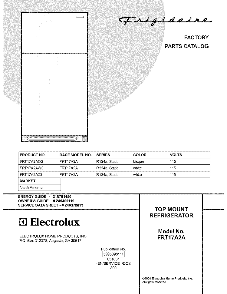 COVER Diagram and Parts List for FRT17A2AQ3  Frigidaire Refrigerator