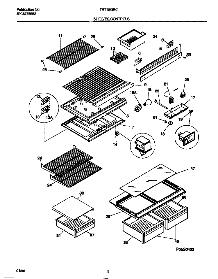SHELVES / CONTROLS Diagram and Parts List for TRT18GRCW0  Tappan Refrigerator