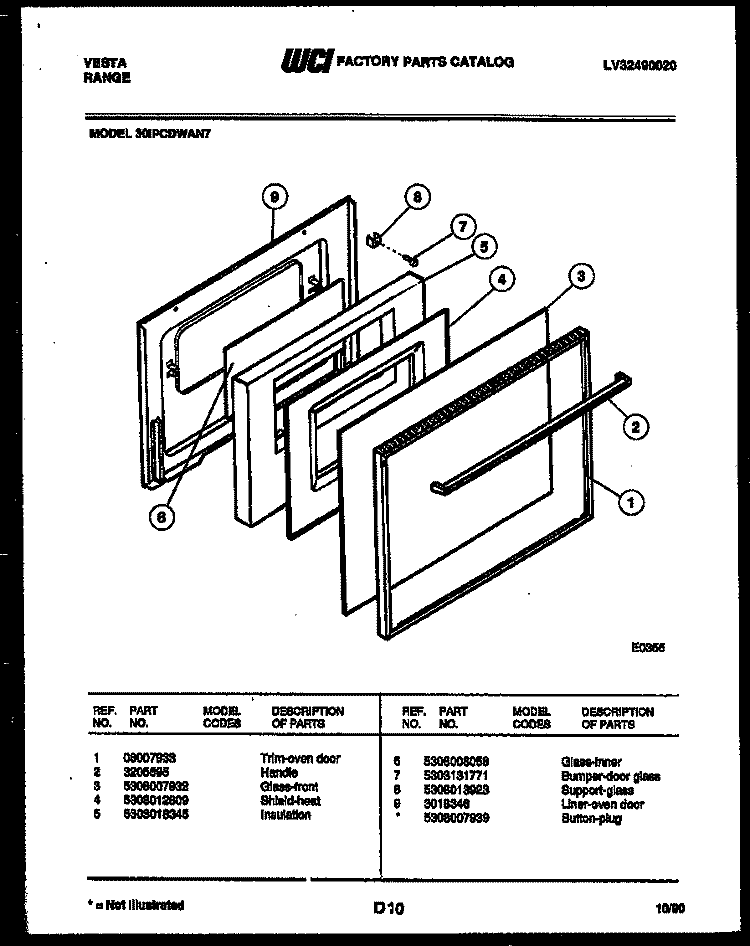 DOOR PARTS Diagram and Parts List for 30IPCDWAN7  Tappan Range