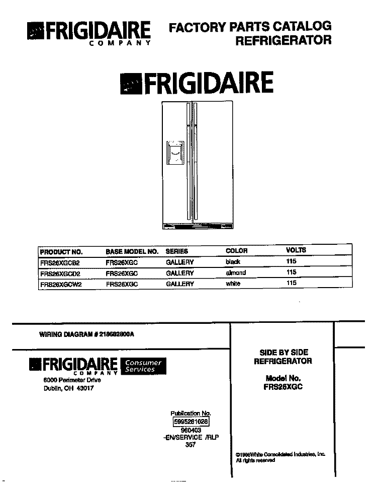 COVER Diagram and Parts List for FRS26XGCD2  Frigidaire Refrigerator