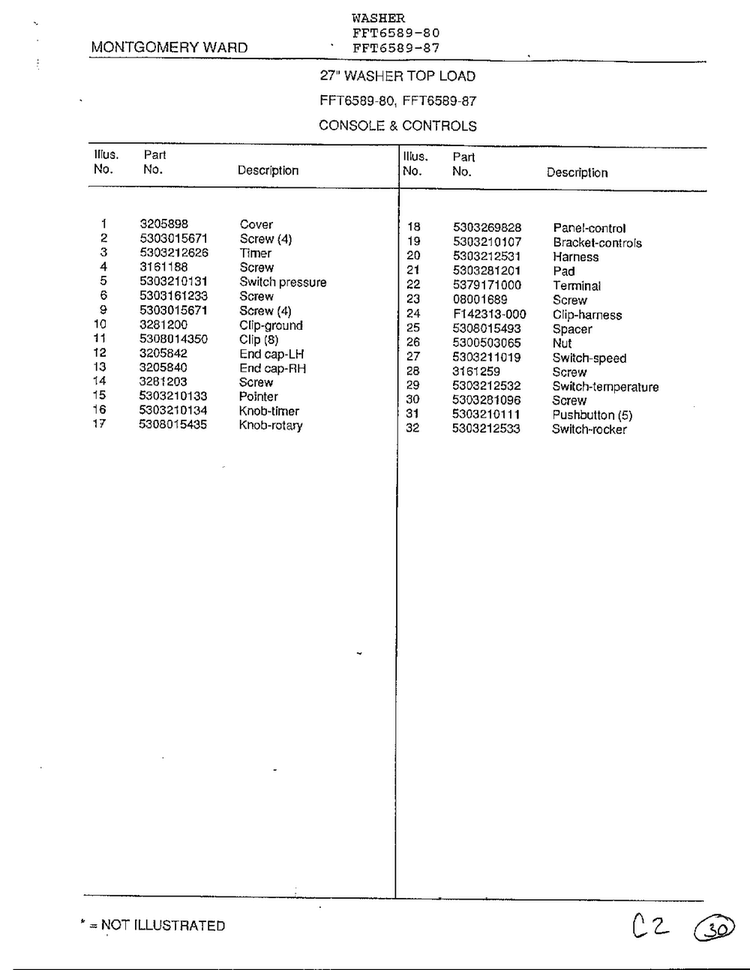Console And Controls Page 2 Diagram and Parts List for 6589-80  Frigidaire Washer
