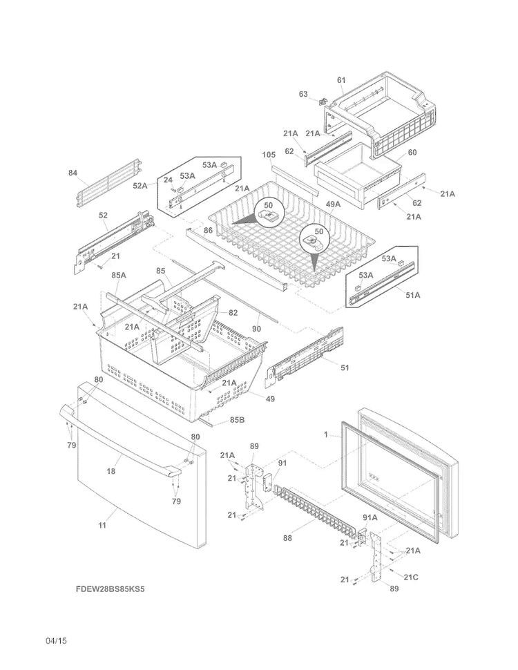 Freezer Drawer, Baskets Diagram and Parts List for EI28BS80KS4A  Electrolux Refrigerator