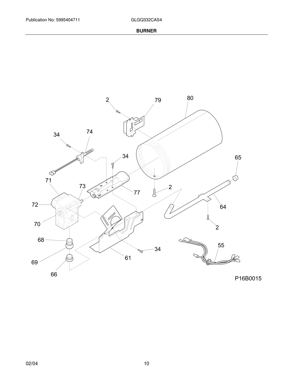 Burner Diagram and Parts List for GLGQ332CAS4  Frigidaire Dryer