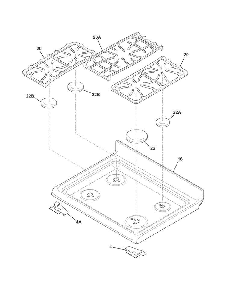 Main Top Diagram and Parts List for FGGF301DNWB  Frigidaire Range