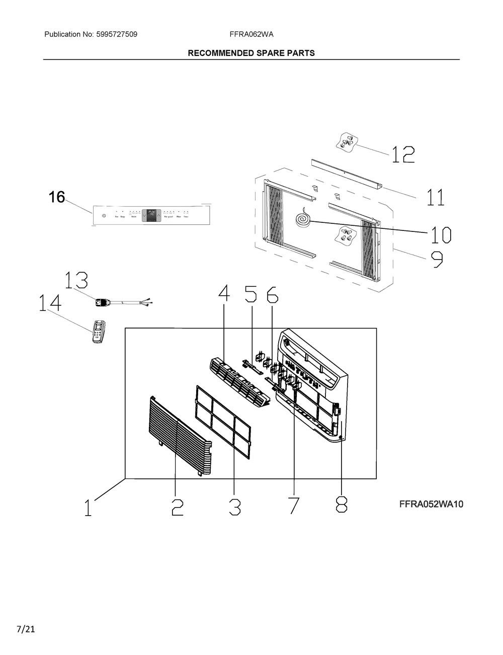 Recommended Spare Parts Diagram and Parts List for FFRA062WA11  Electrolux Air Conditioner