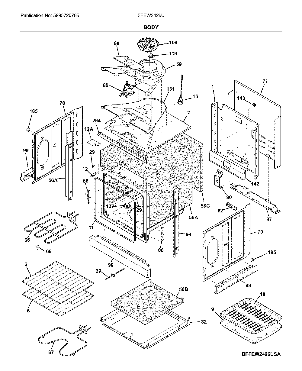Body Diagram and Parts List for FFEW2426UWB  Frigidaire Wall Oven