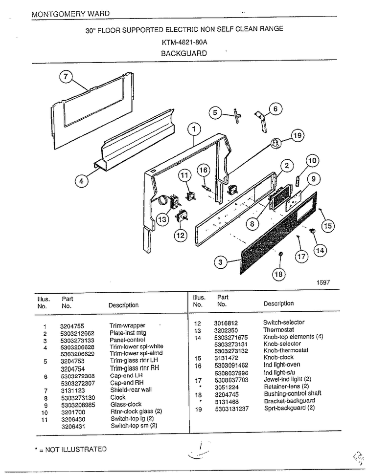 Backguard Diagram and Parts List for 4821-80A  Frigidaire Range