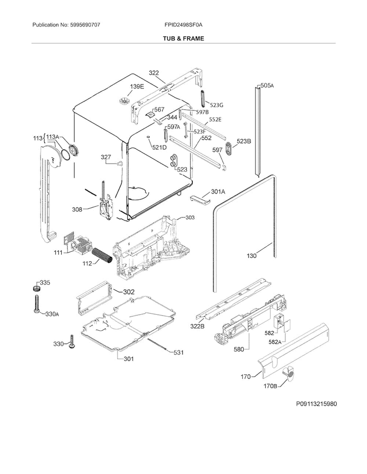 Tub & Frame Diagram and Parts List for FPID2498SF0A  Frigidaire Dishwasher