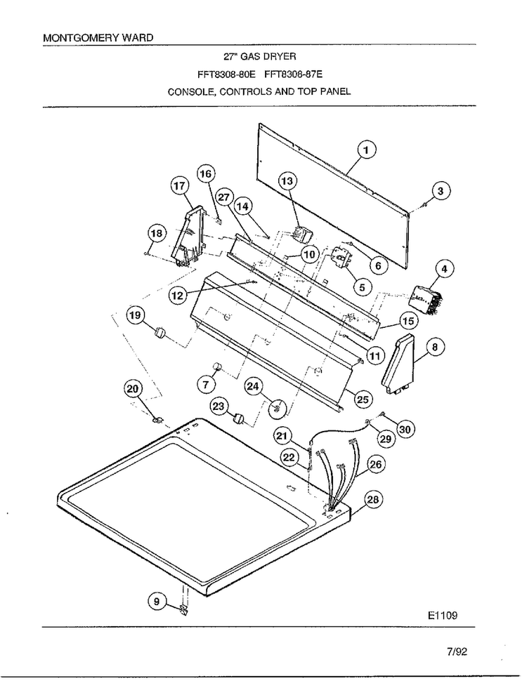 Console/controls And Top Panel Diagram and Parts List for 8308-80E  Frigidaire Dryer