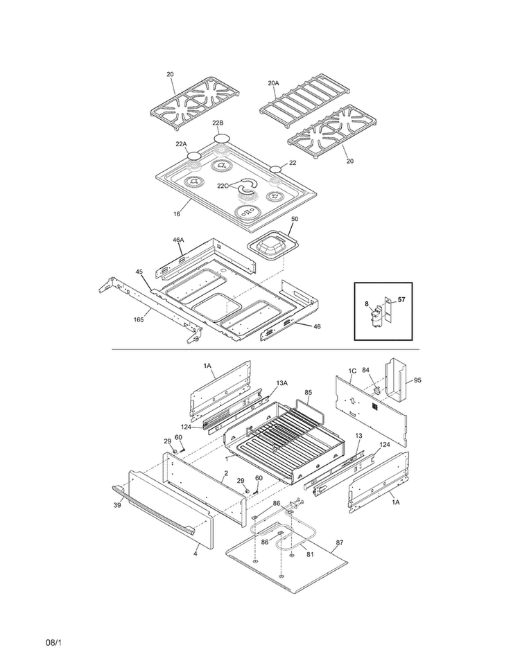 Top/drawer Diagram and Parts List for CPDS3085KF7  Frigidaire Range