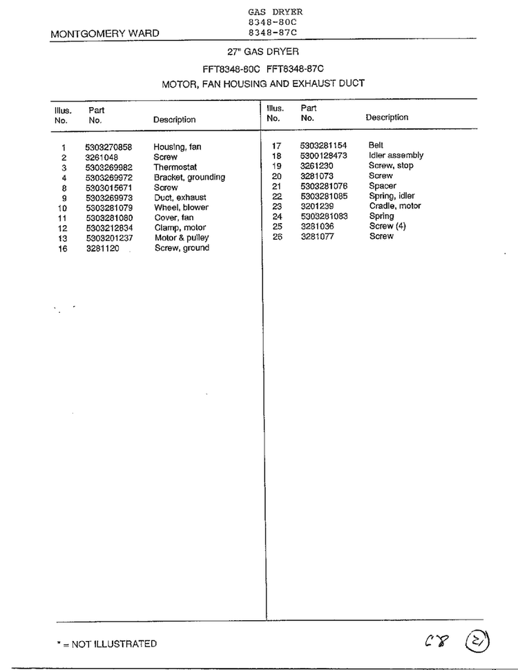 Motor, Fan Housing And Exhaust Duct Page 2 Diagram and Parts List for 8348-87C  Frigidaire Dryer
