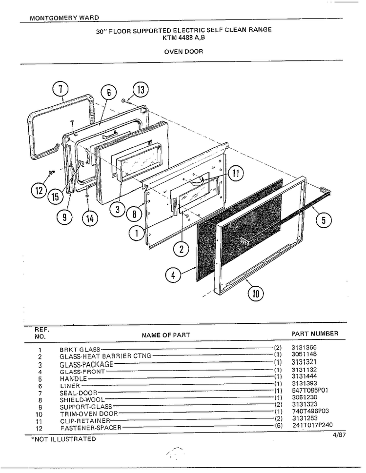 30" Floor/oven Door Diagram and Parts List for 4488B  Frigidaire Range