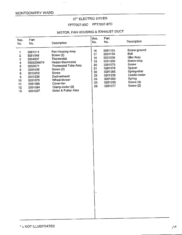Motor, Fan Housing And Exhaust Duct Page 2 Diagram and Parts List for 7007-80C  Frigidaire Dryer