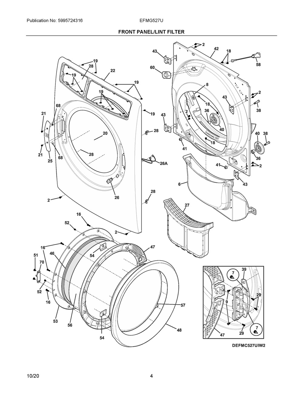 Front Panel/Lint Filter Diagram and Parts List for EFMG527UTT1  Frigidaire Dryer