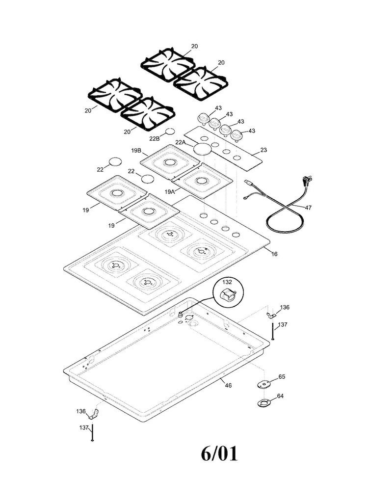 Cooktop Diagram and Parts List for FGC30S4HDA  Frigidaire Cooktop
