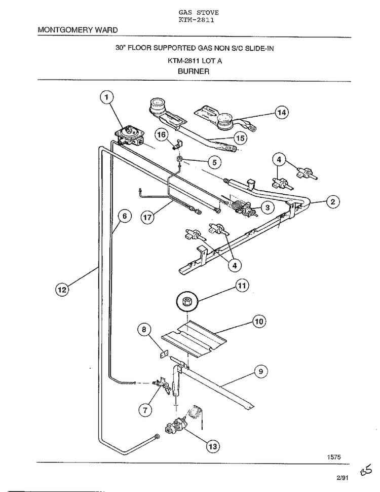 Burner Diagram and Parts List for 2811  Frigidaire Range