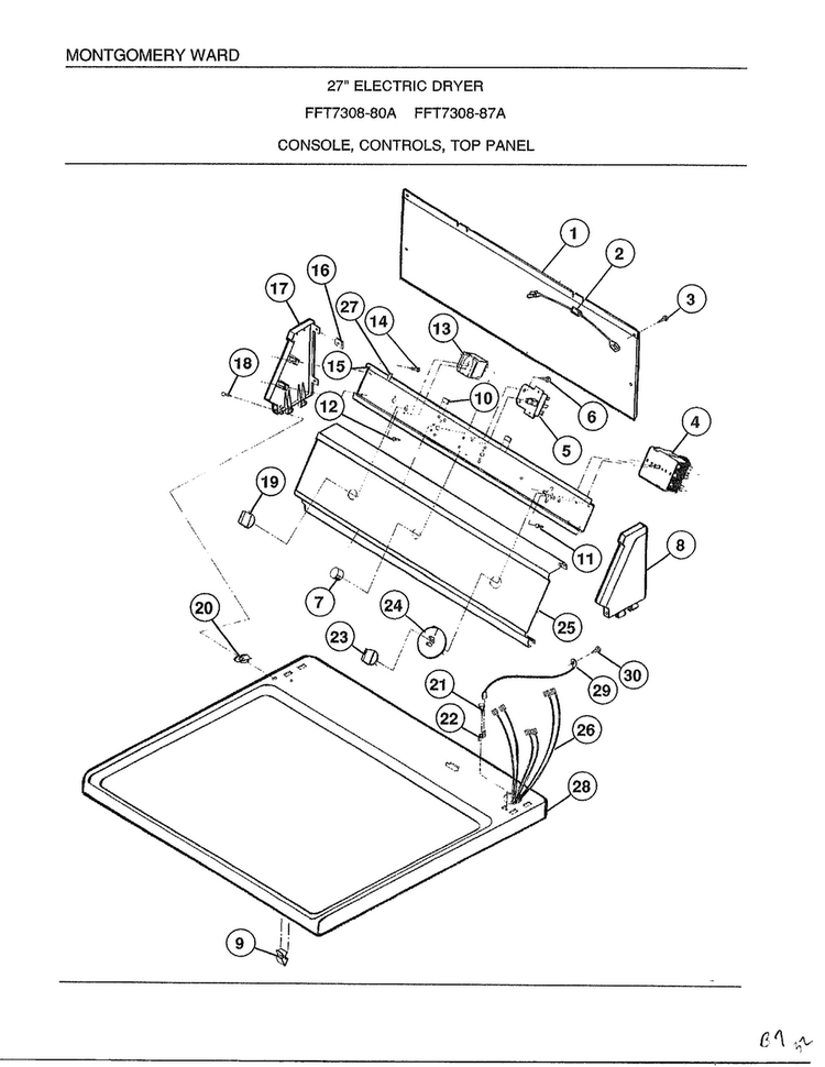 Eletric Dryer/console-controls-top Panel Diagram and Parts List for 7308A  Frigidaire Dryer