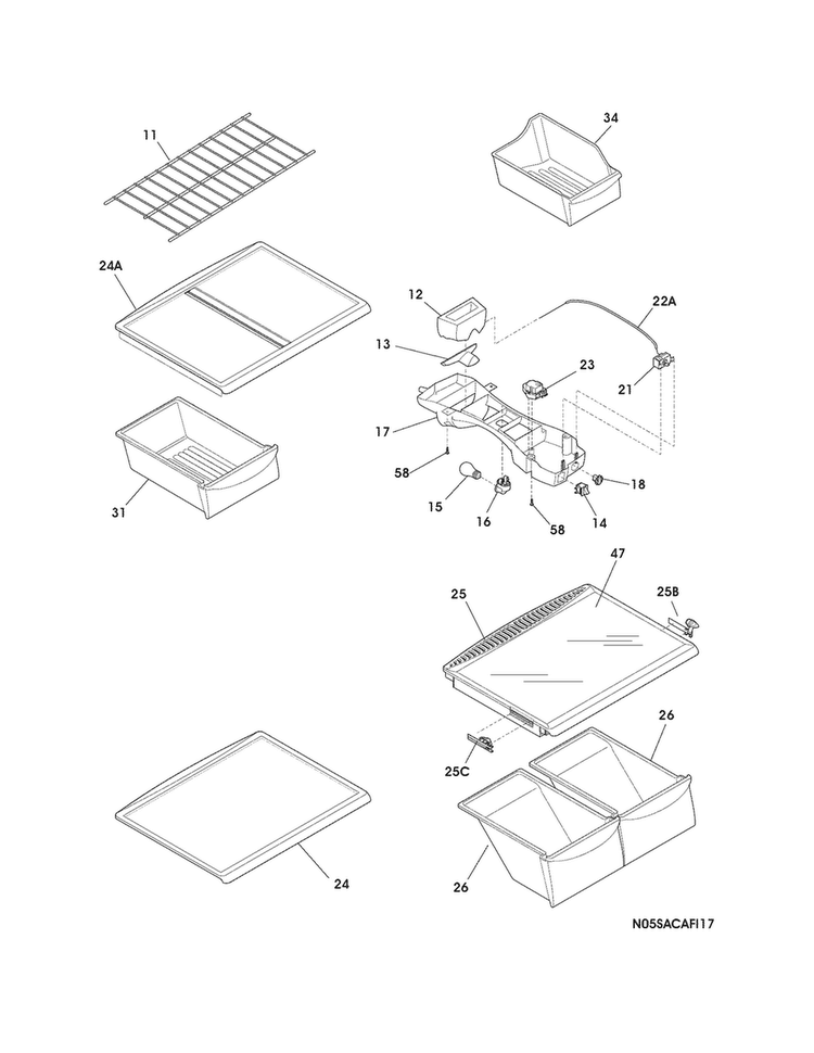 Shelves Diagram and Parts List for FFHI1826LBC  Frigidaire Refrigerator
