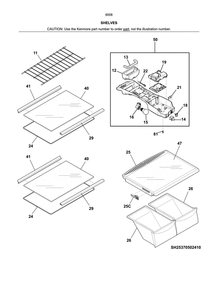 Shelves Diagram and Parts List for 25360083415  Kenmore Refrigerator