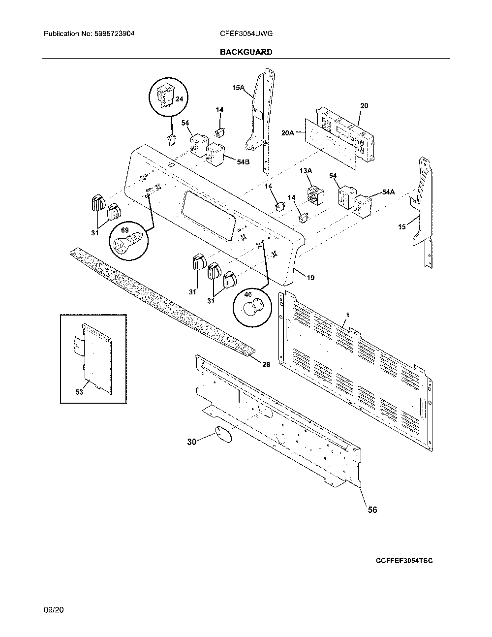 Backguard Diagram and Parts List for CFEF3054UWG  Frigidaire Range