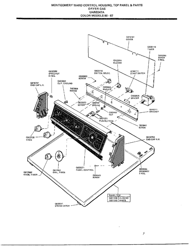 Control Housing, Top Panel And Parts Diagram and Parts List for 8347A  Frigidaire Dryer