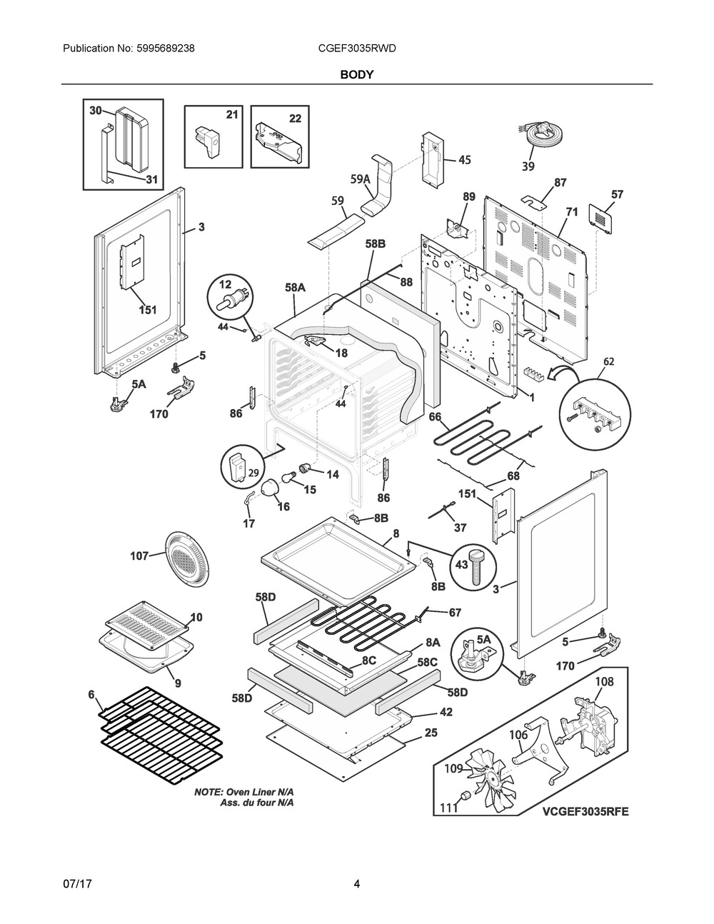 Body Diagram and Parts List for CGEF3035RWD  Frigidaire Range