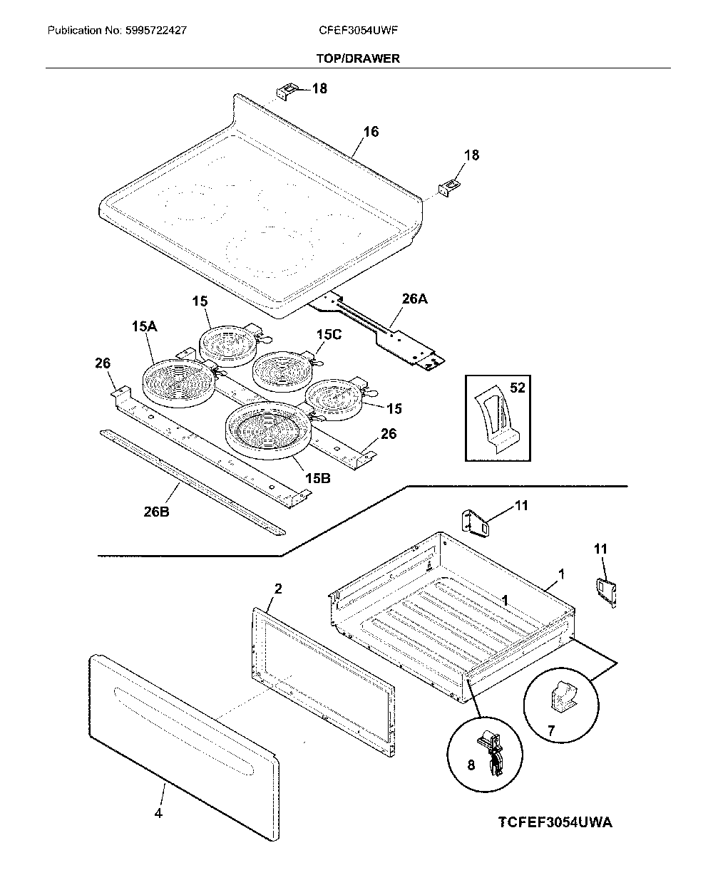 Top/drawer Diagram and Parts List for CFEF3054UWF  Frigidaire Range