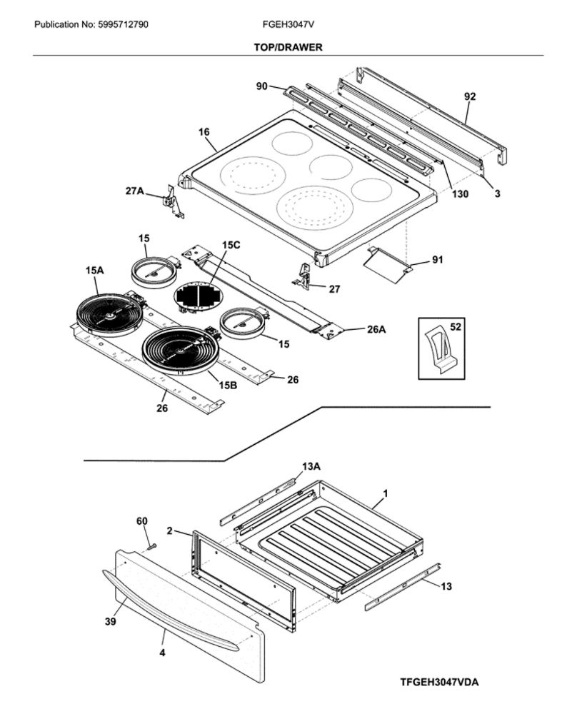 Top/Drawer Diagram and Parts List for FGEH3047VFA  Frigidaire Range