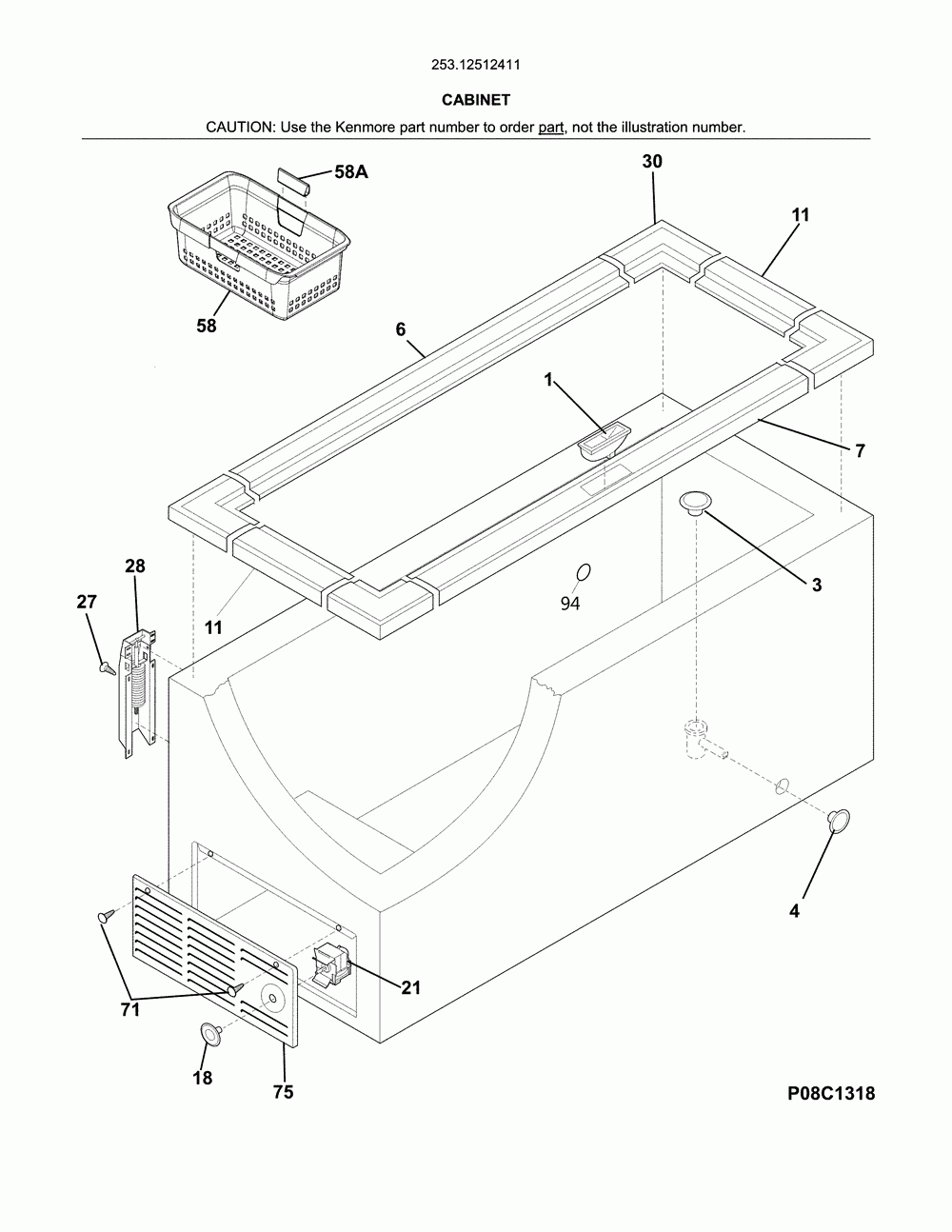 Cabinet Diagram and Parts List for 25312512411  Kenmore Freezer