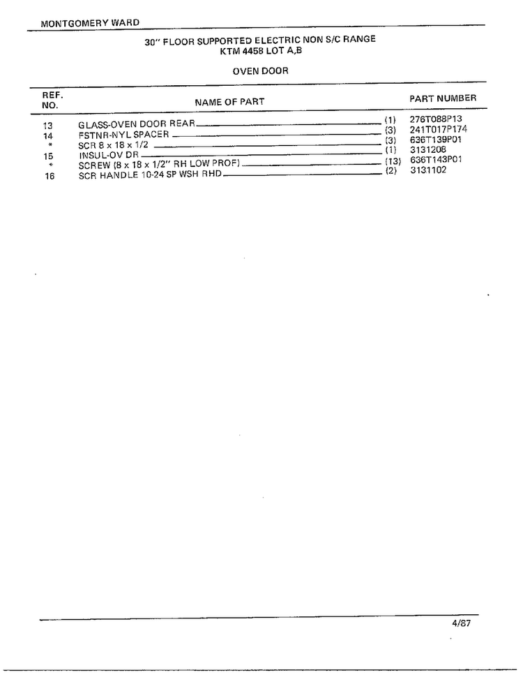 30" Floor Supported Elec Oven Door Page 2 Diagram and Parts List for 4458B  Frigidaire Range
