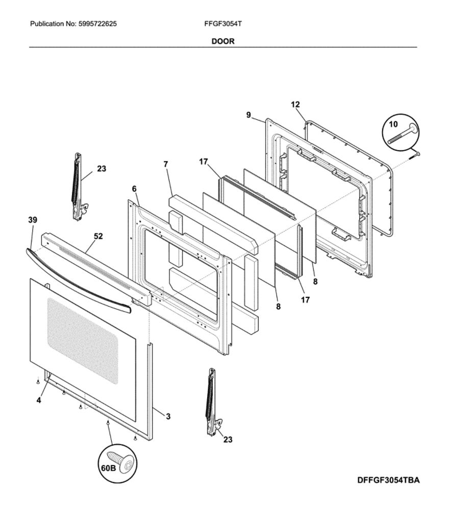 Door Diagram and Parts List for FFGF3054TBF  Frigidaire Range
