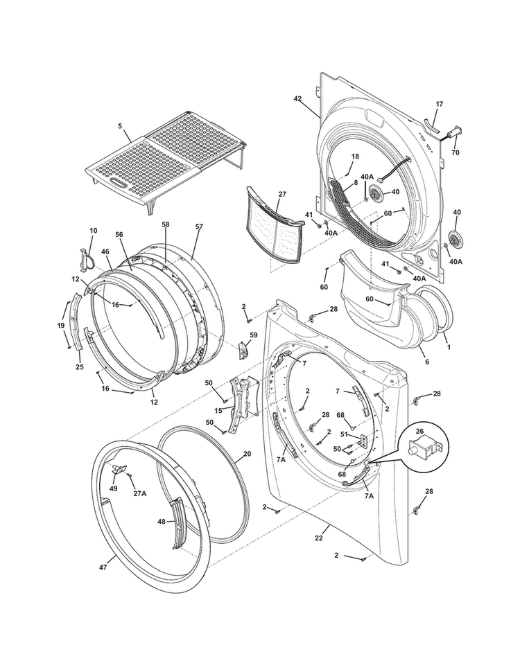 Front Panel/lint Filter Diagram and Parts List for EIMED55IMB2  Electrolux Dryer