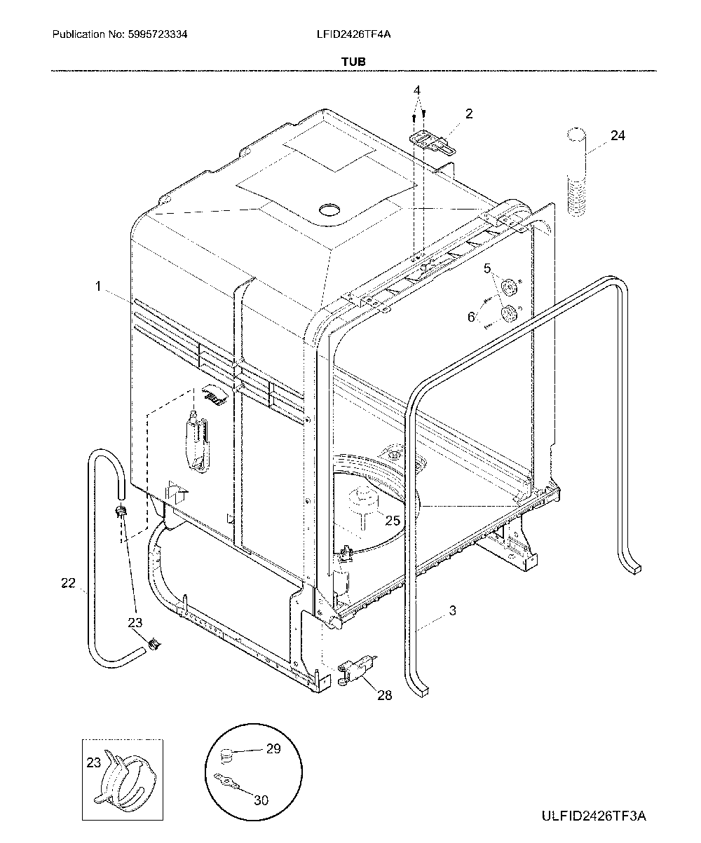 Tub Diagram and Parts List for LFID2426TF4A  Frigidaire Dishwasher
