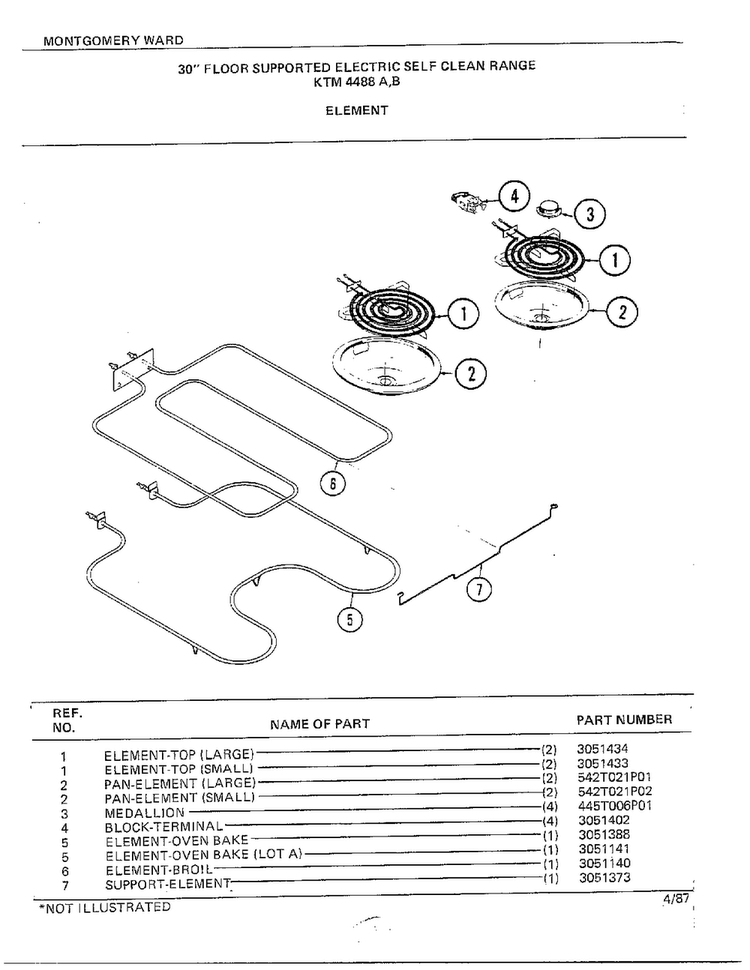 30" Floor/element Diagram and Parts List for 4488B  Frigidaire Range